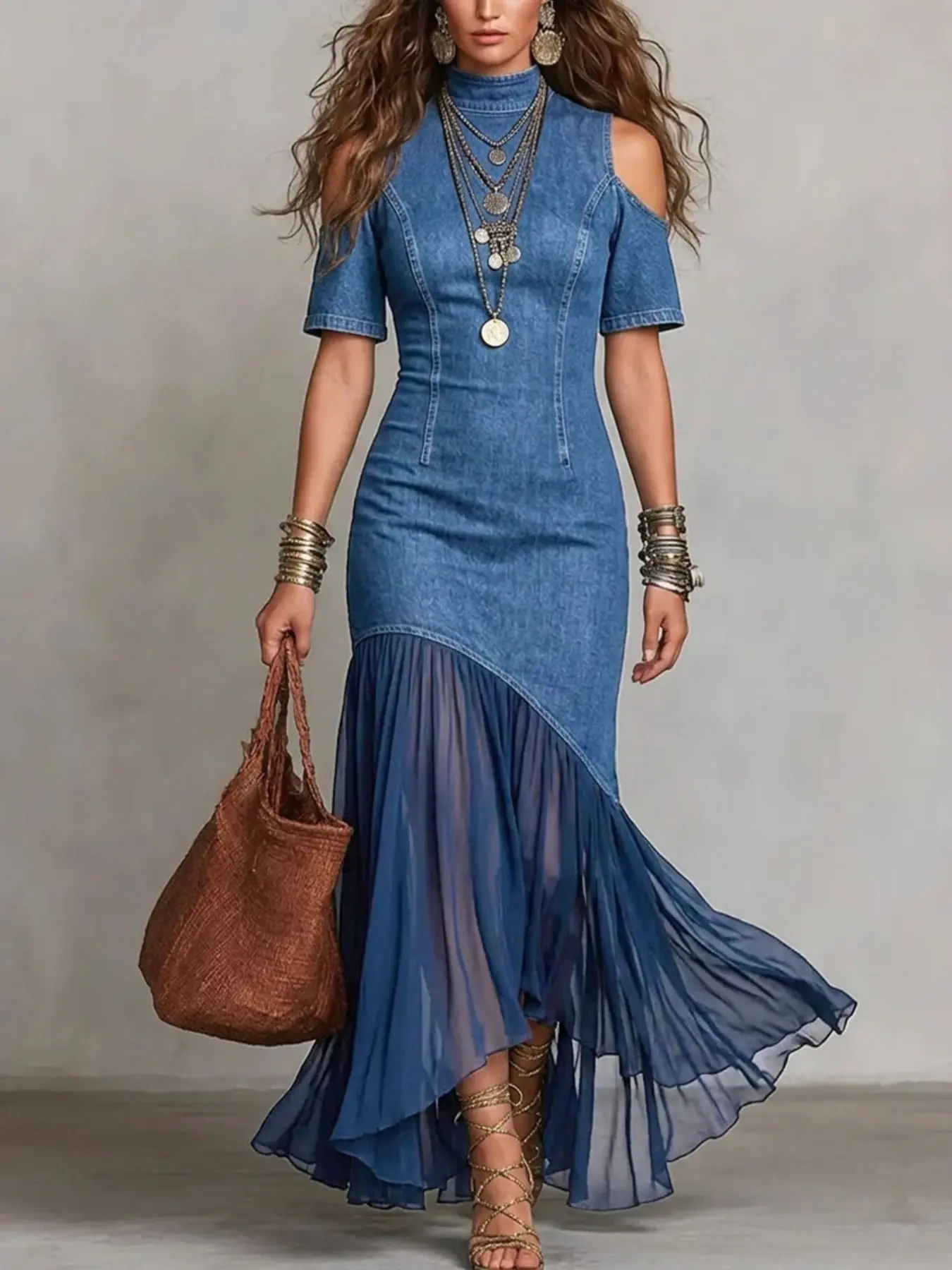 Women’s Denim Maxi Dress, Cold Shoulder Mock Neck, Short Sleeve Bodycon, Patchwork Chiffon Ruffle Hem, Bohemian Elegant Long Dress for Party