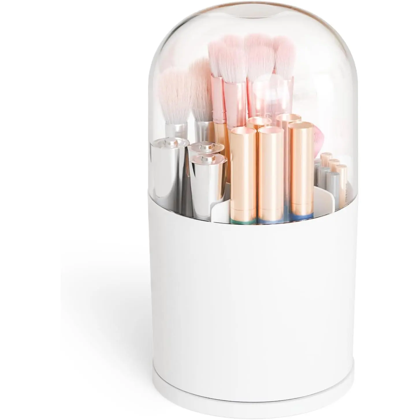 Rotating  Makeup Brush Holder with Lid for ,Bathroom,Countertop,Covered Makeup Brushes Organizer,Round Spinning  Brushes Holder and Make up Brush Storage with Cover,White