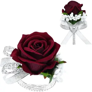 2Pcs Rose Corsage and Boutonniere Set, Artificial Wrist Corsage Wristlet Bracelets, Men Boutonniere for Wedding Party Formal Dinner Flowers Accessories Prom Decorations