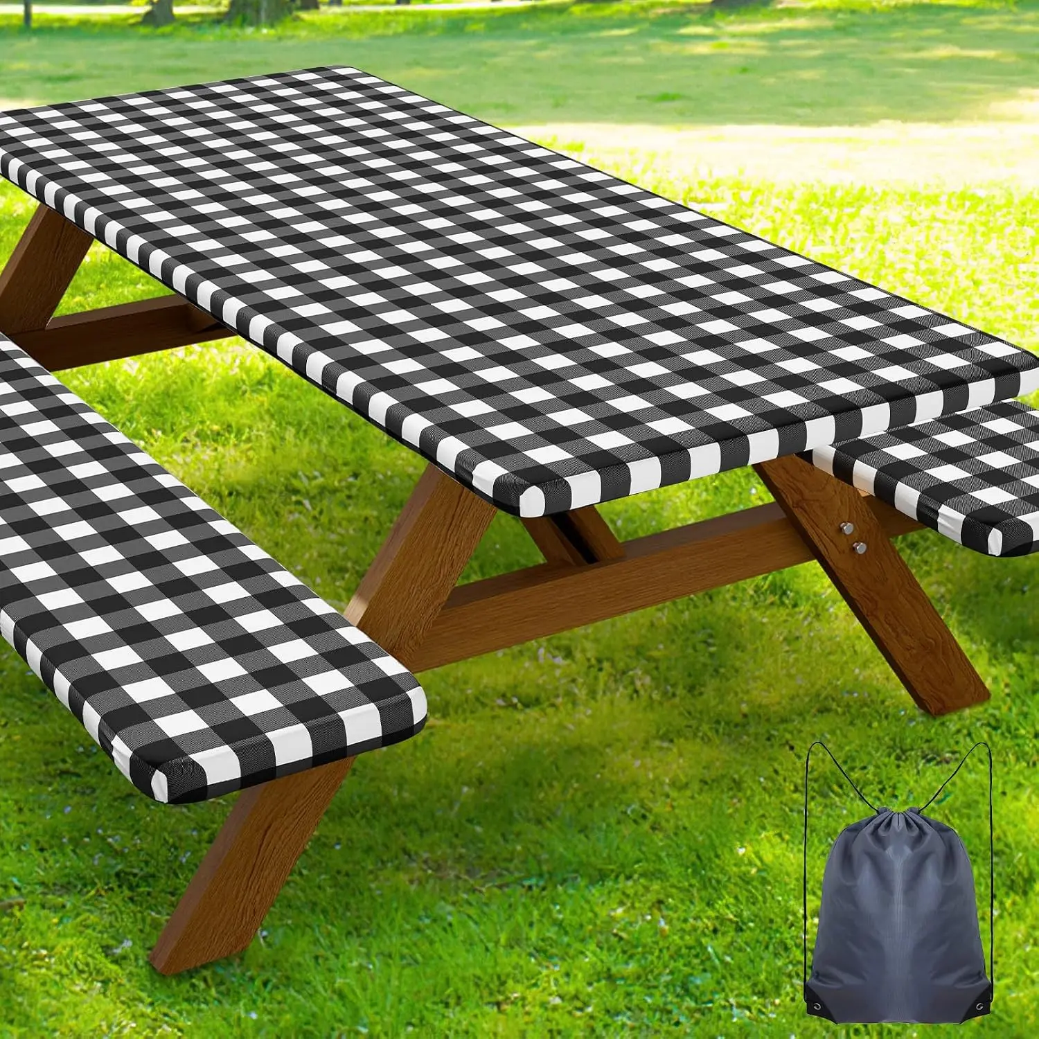 Picnic Table Cover with Bench Covers, Waterproof Elastic Fitted Tablecloths for 6 Foot Rectangle Tables, Washable Buffalo Plaid Tablecloth for Camping, Outdoor (Black & White, 30"x72")