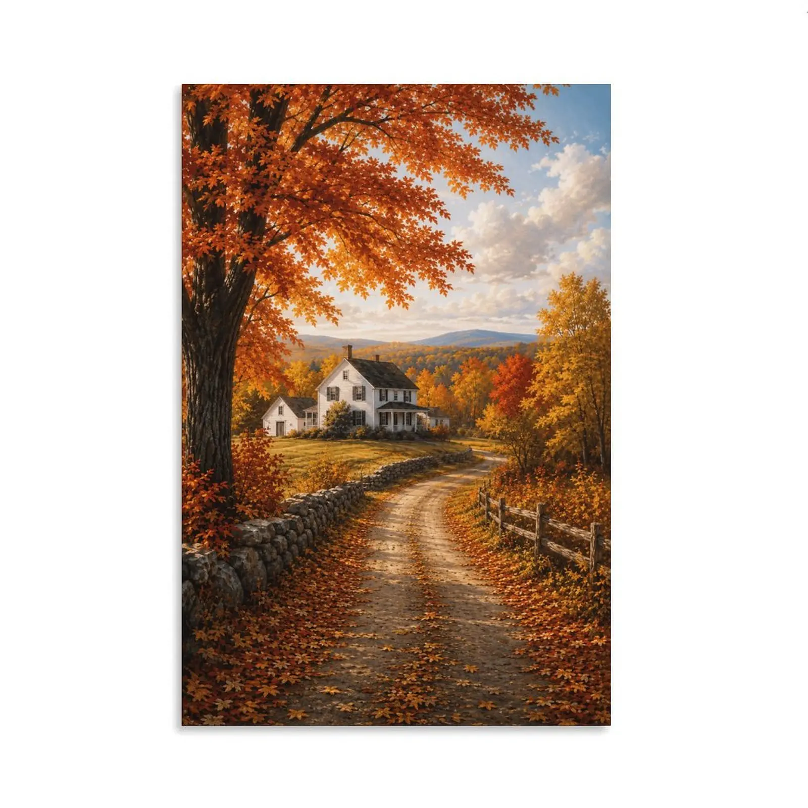 Autumn Farmhouse Wall Art, Fall Landscape Home Decor, Country Road & Maple Tree Print, Wooden Frame Wall Decor for Living Room Bedroom Kitchen