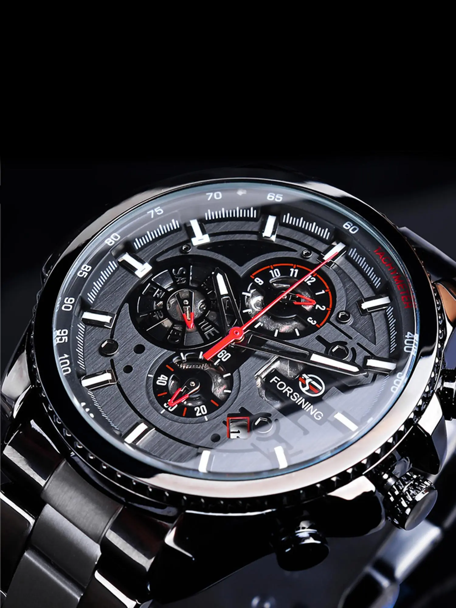 Men's Business Style Mechanical Watch, Stainless Steel Self-Winding, Analog Pointer Display with Tachymeter, Elegant Professional Timepiece