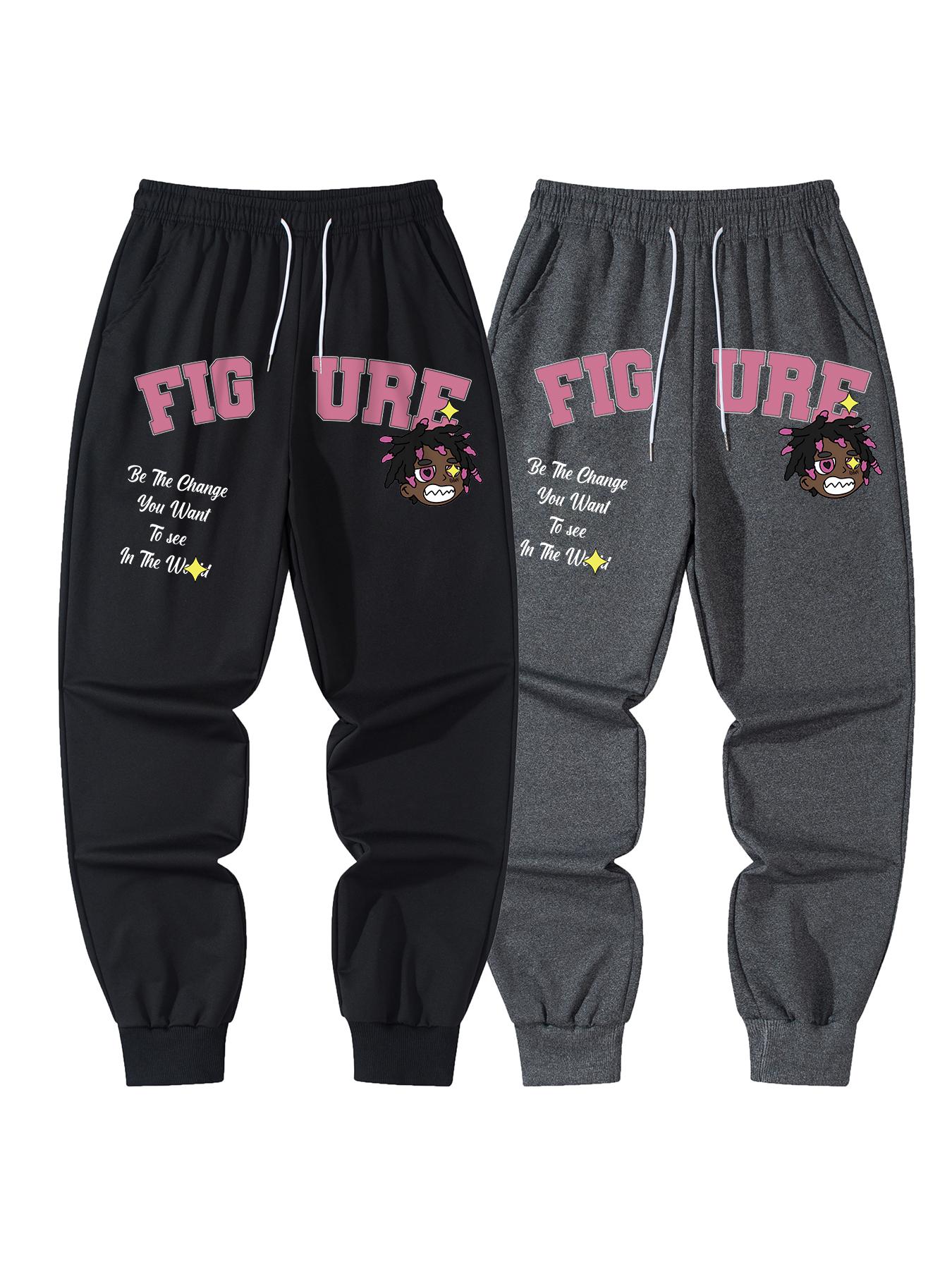 Men's Relaxed Fit Ribbed Hem Joggers - Casual Comfy, Streetwear, Stylish Soft Joggers with Distinctive FIGURE Doodle Print and Inspirational Slogan "Be The Change You Want To See In The World" for Thoughtful Wardrobe Addition, Casual Comfy Joggers