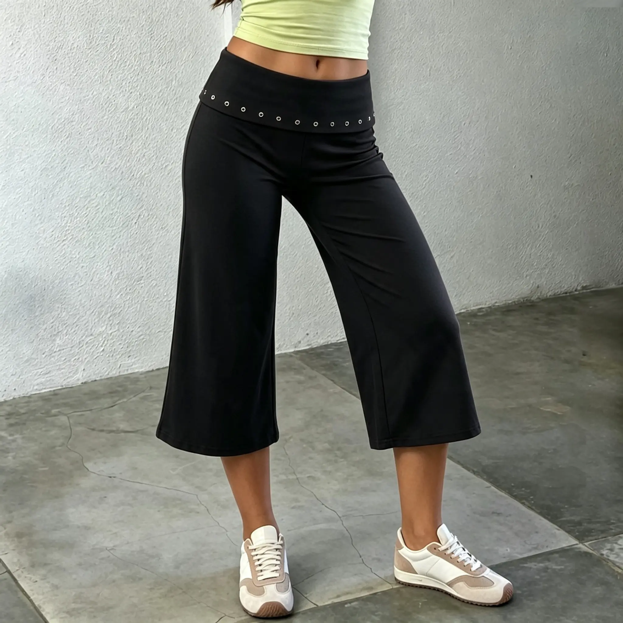 Women's High Waist Fold Over Capri Pants, Rivet Decor Wide Leg Cropped Culottes, Soft Stretchy Casual Workout Yoga Capris Pants for Daily Wear