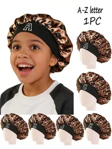 Leopard Print Kids Satin Sleep Bonnet With A-Z Custom Embroidery, Personalized Letter Silk-Like Hair Care Cap For Girls, Soft Breathable Night Hat With Elastic Band, Anti-Frizz Sleeping Headwear For Toddler, Cute Decorative Hair Wrap For Daily & Photoshoo