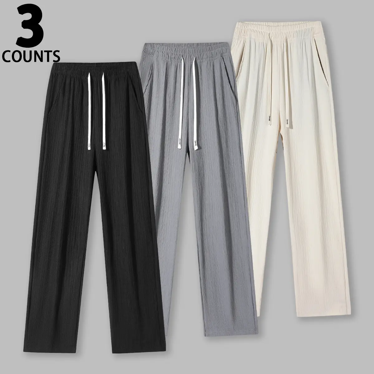 Men's 3-piece straight leg sweatpants, featuring a solid color design and elastic waistband, with a classic casual appearance, suitable for spring and summer walks, office commuting, and weekend activities.