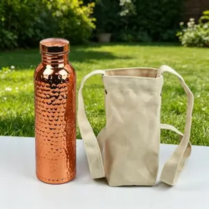 Hammered Copper Water Bottle with Canvas Pouch, 34oz Leak-Proof Pure Copper, Portable Ayurvedic Drinking Container Drinkware for Yoga, Fitness, Travel