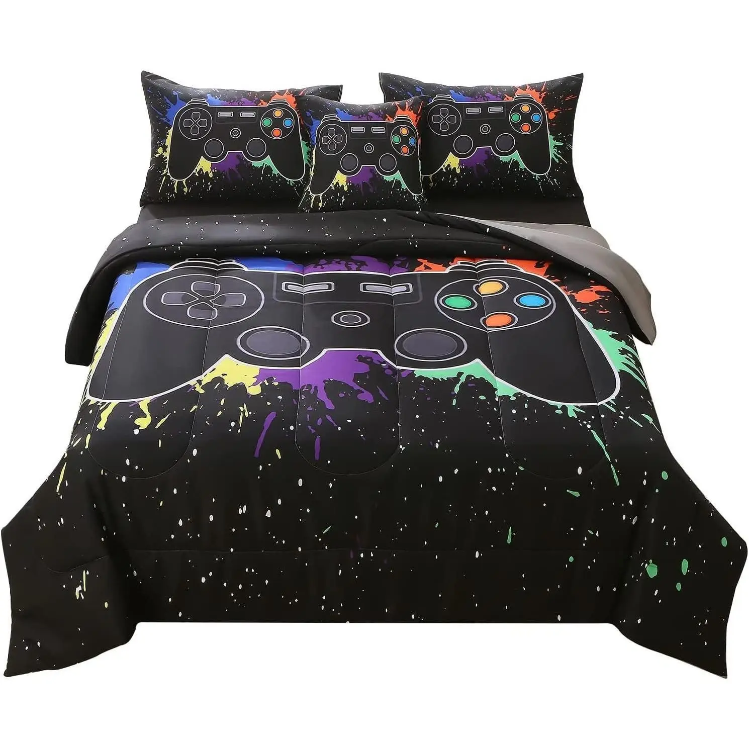 Queen Gamer Comforter Sets for Boys&Girls, 6 Piece Bed in A Bag 3D Video Game Bedding, All Season Microfiber Gamer Bedding Sets for Kids, with Pillowcase, Flat & Fitted Sheet, Cushion Cover