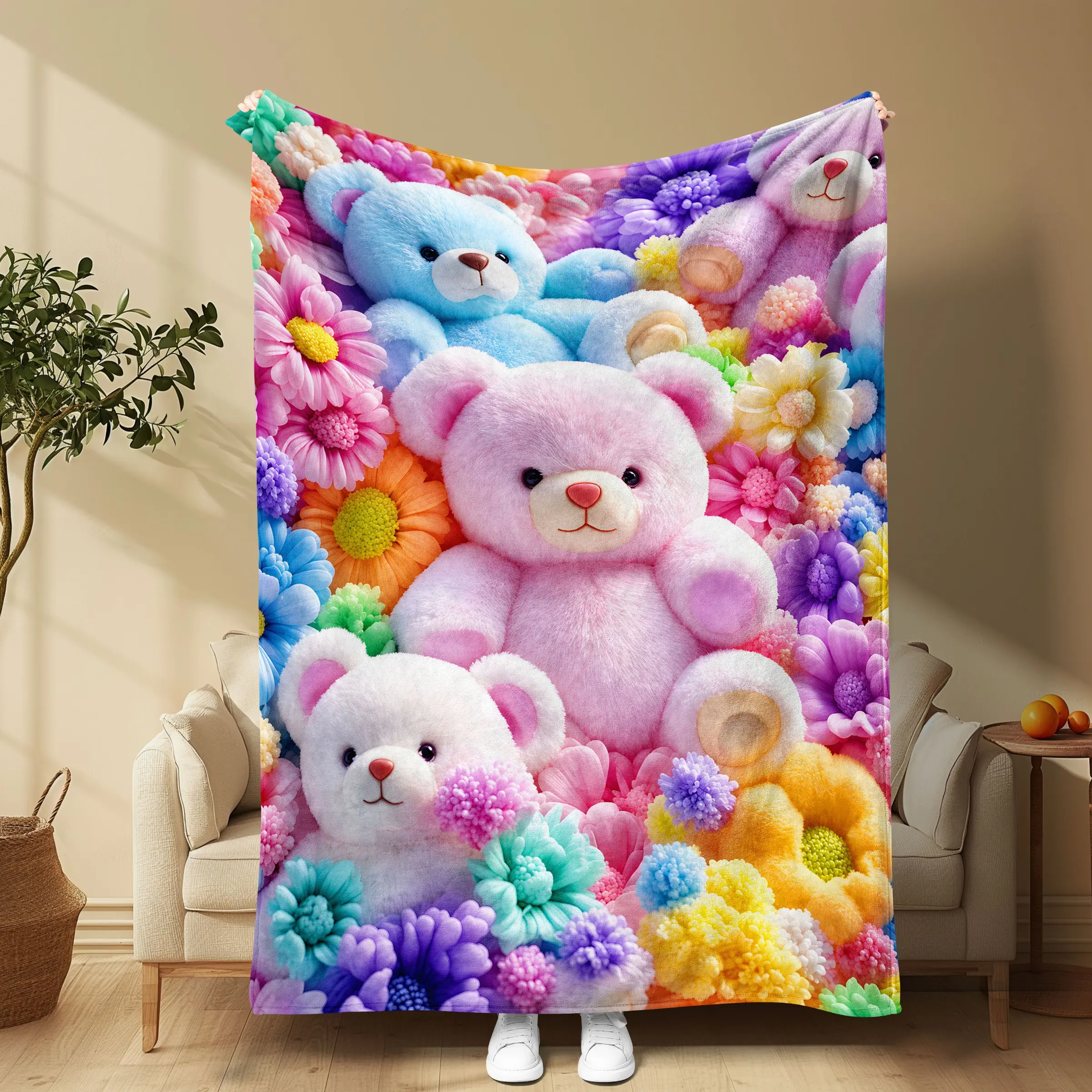 Plush Bear Print Blanket, High Saturation Colors, Cozy and Cute, Perfect for Sofa, Outdoor Camping, Gift for Kids and Friends, Cozy Blanket Throw