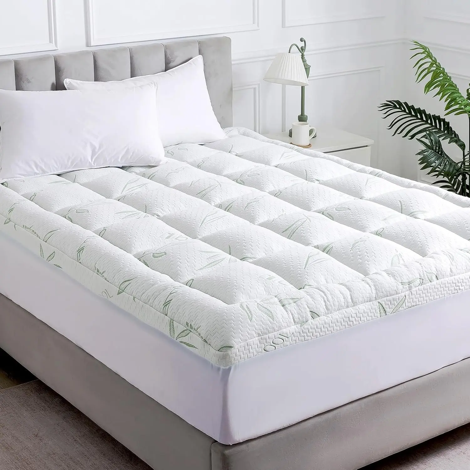 Queen Mattress Topper, Soft Pillow Top Mattress Topper with Deep Pocket Fits 8–21 Inch,7D Spiral Fiber Filling, Bamboo Viscose Air Layer Mattress Topper Queen.