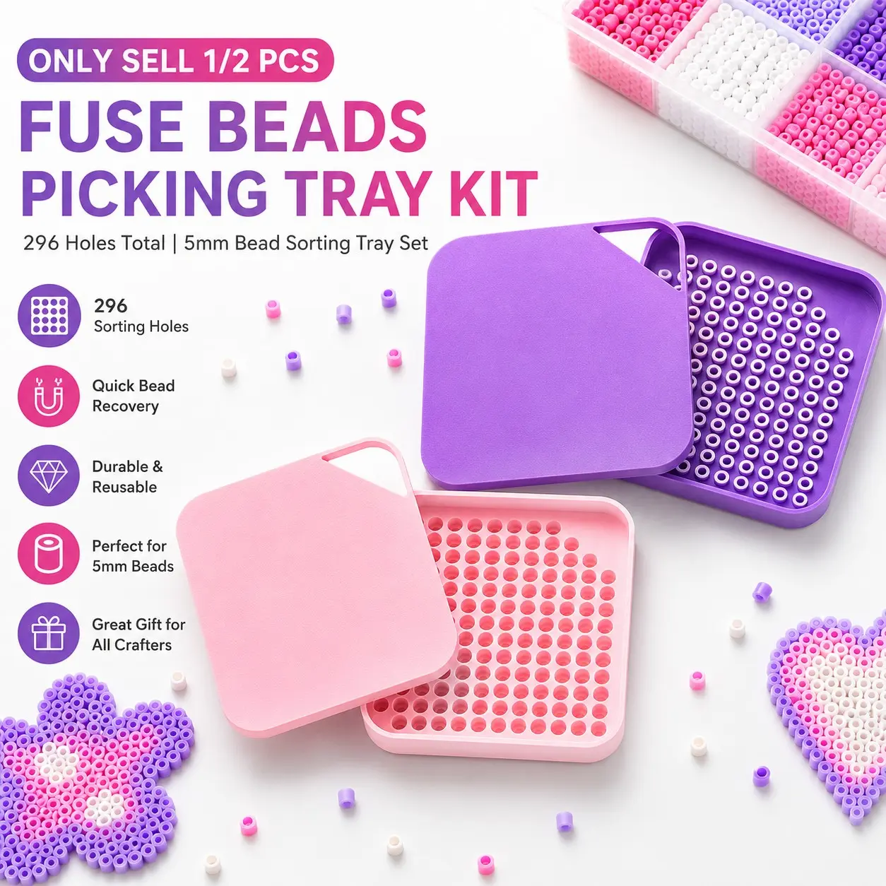 2 Pcs Fuse Beads Picking Tray Kit with Total 296 Holes, 5mm Bead Sorting Tray Set, Bead Recovery Tool, Bead Aligner for DIY Fuse Beads Crafts, Arts Crafts, Suitable for Beginners and Experienced Crafters