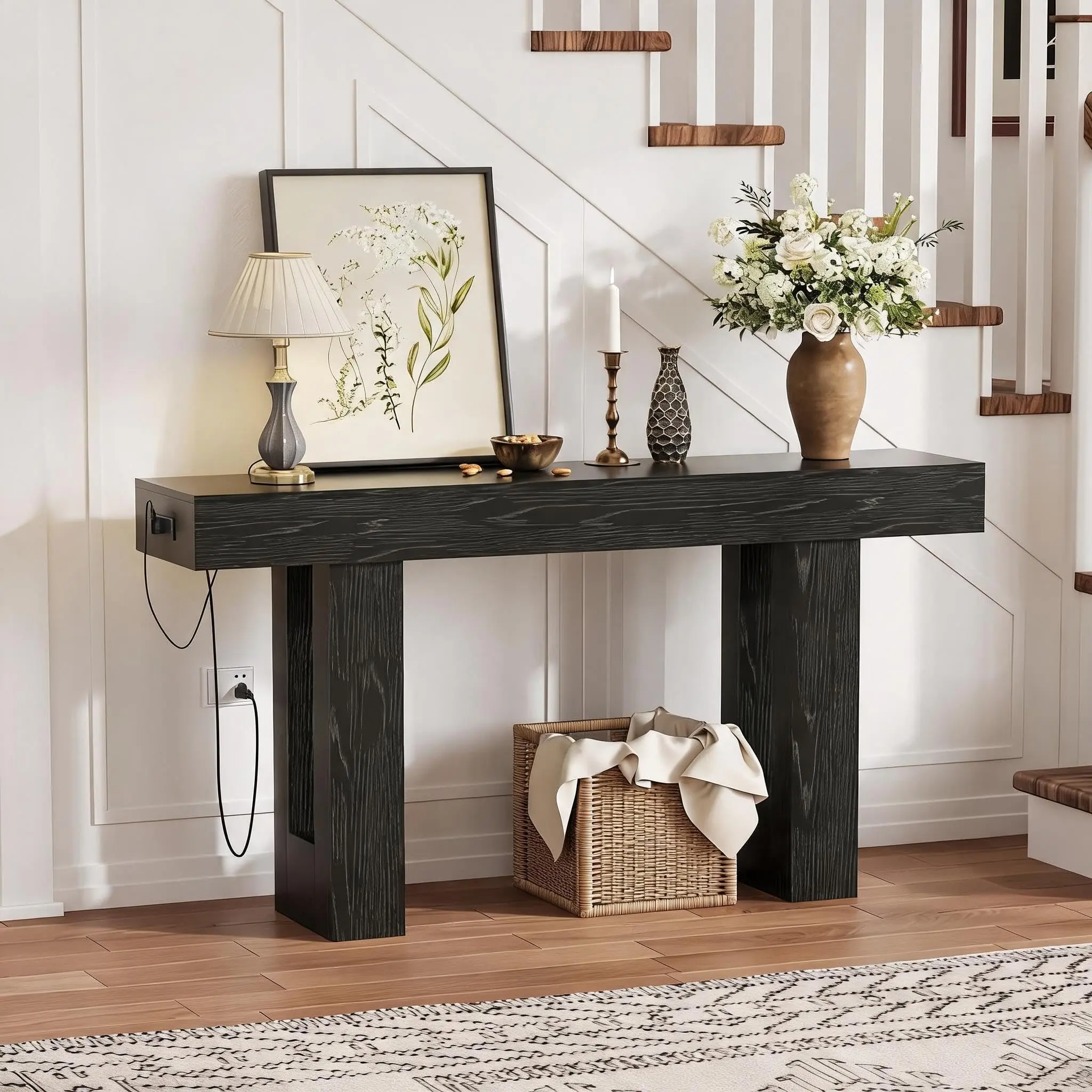 【GARVEE】63 Inch Console Table with Power Outlet – Sofa Table Behind Couch with USB & Type-C Charging Ports – Narrow Entryway Table for Hallway, Entrance, Living Room – 33.3 Inch Height