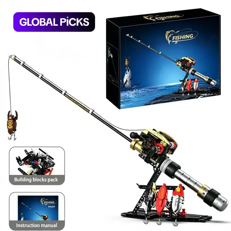 Building Blocks Set Fishing Rod Model, Working Reel & 4 Bait Pieces, Realistic Gear Mechanism Stem Toy for Kids & Adults, Perfect Gift, DIY Building Kit #GLOBAL PICKS