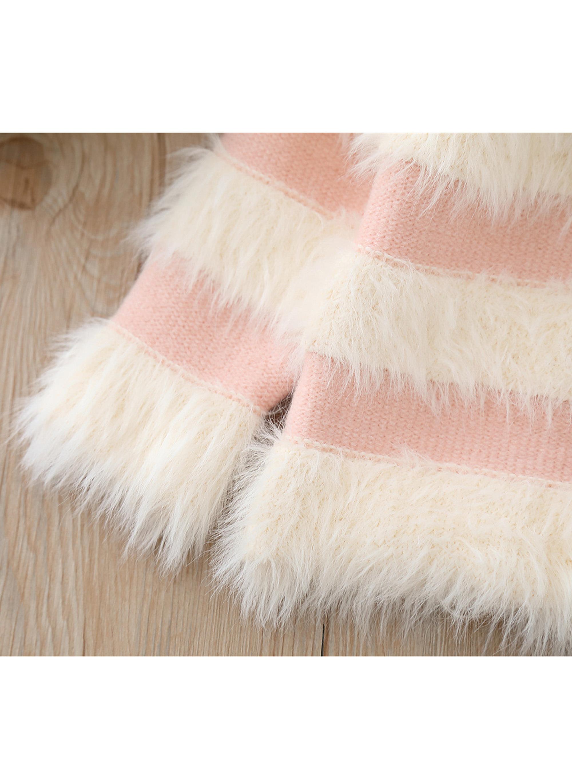 Girls' ted Knit Sweater with Plush Stripes & Pearl Buttons - Soft Pastel Purple & Contrast, Cozy Lapel Collar, Loose Fit Winter Warmth, Cute Casual Daily Wear for Fall/Winter, Easy Button-Front Closure (No Zippers) - Ideal for School & Playdates - D