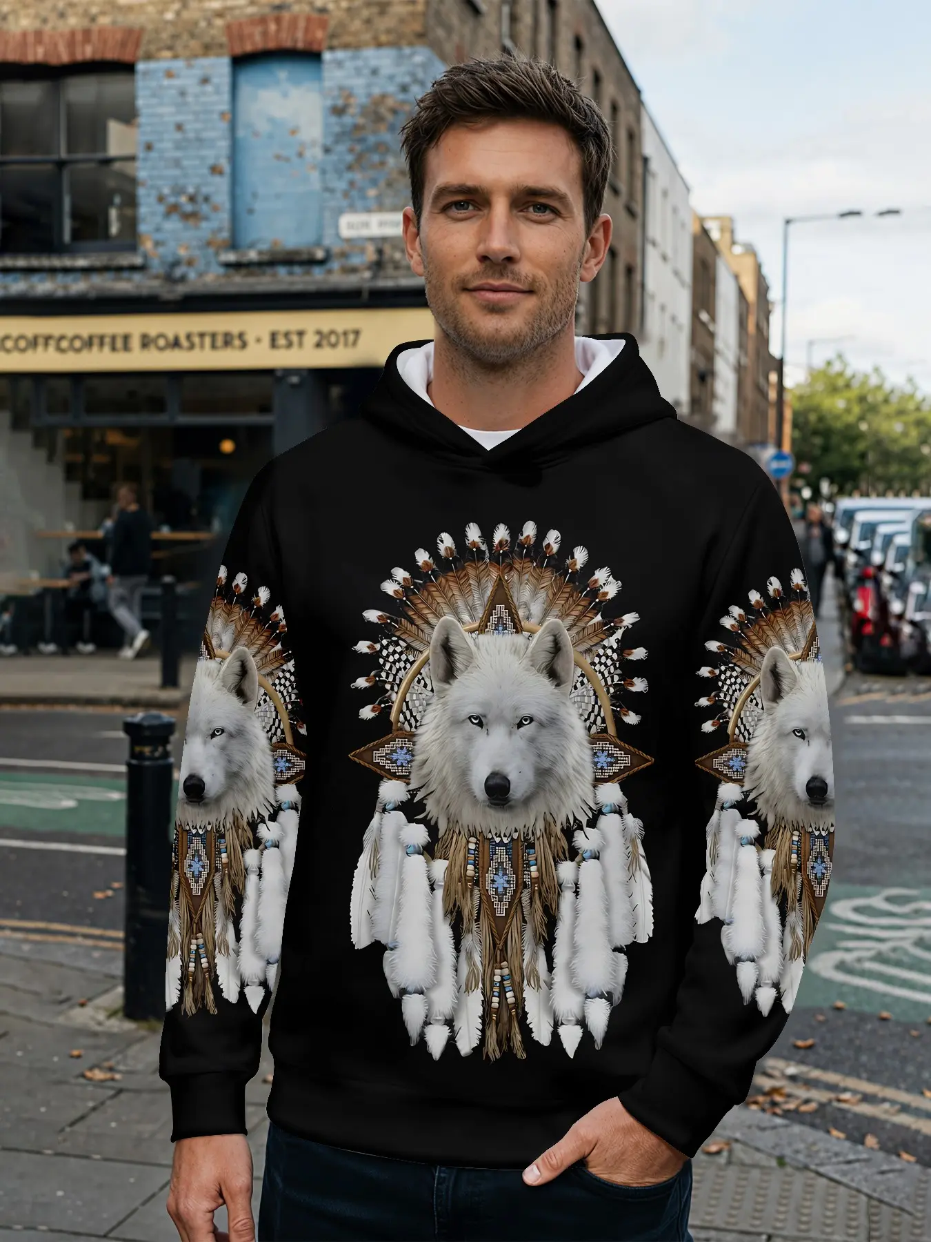 Men's 3D Digital Print Hoodie with Vintage Ethnic Feather Ornament White Wolf Print on Black Background, All-over Printed Design, Eye-catching for Daily Street Looks and Music Festival Outfits, an Ideal Holiday Gift for Men