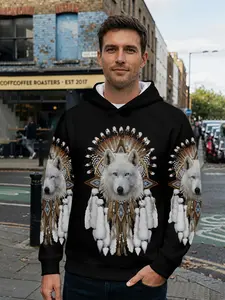 Men's 3D Digital Print Hoodie with Vintage Ethnic Feather Ornament White Wolf Print on Black Background, All-over Printed Design, Eye-catching for Daily Street Looks and Music Festival Outfits, an Ideal Holiday Gift for Men