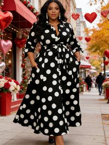 【plus size】 polka dot print belted button front shirt dress, casual 3/4 sleeve tie front high waist long dress for vacation holiday party, women's clothes for summer, back to school outfit moo moo dresses, womenswear, moo moo for women