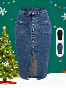 women's denim button fly skirt without belt, casual fashion midi skirt for daily wear, ladies bottoms for summer, womenswear