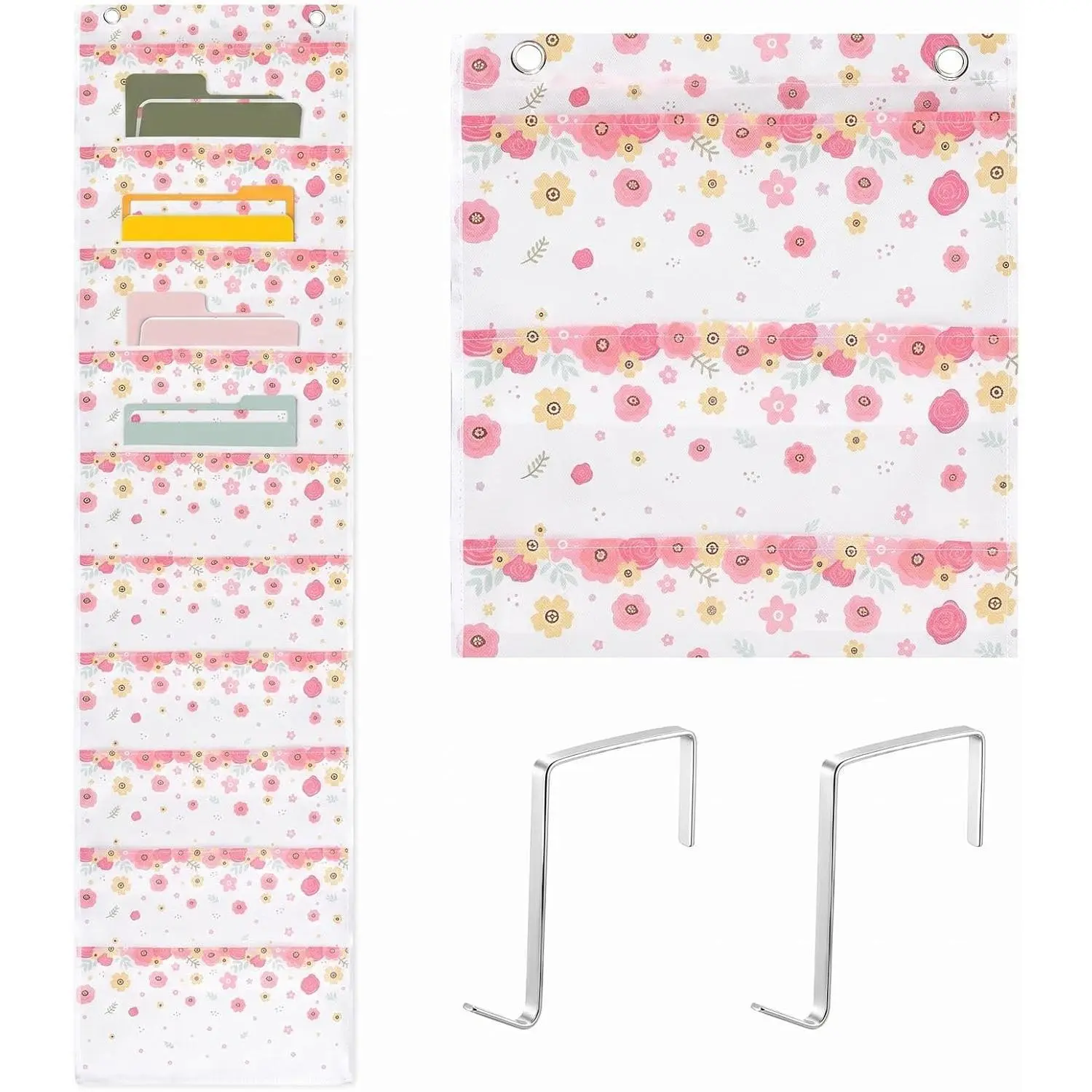 10 Wildflower Pockets Wall  File Folders File Storage Pocket Chart for Classroom  Wall Organizer with 2 Over The Door Hangers, 58" x 14" for School Classroom Office
