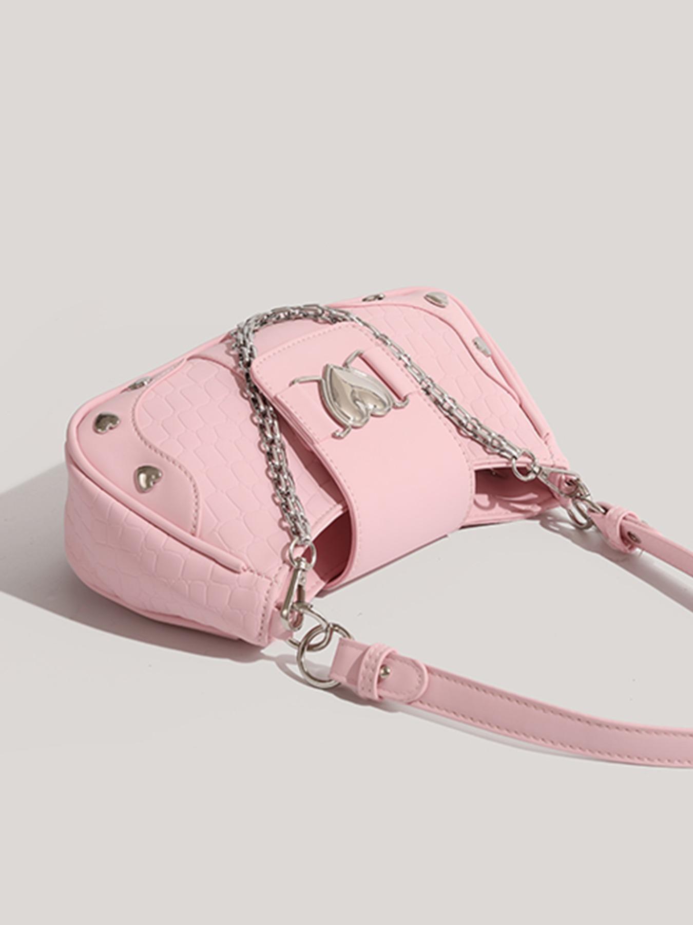 Women's Fashion Chain Decor Shoulder Bag, Heart Decorated Crocodile Textured Pu Leather Bag for Daily Used, Trendy All-match Underarm Bag, Cute Y2k Punk Style Hobo Dumpling Bag, Casual Zipper Purse, Chic Chain Crossbody