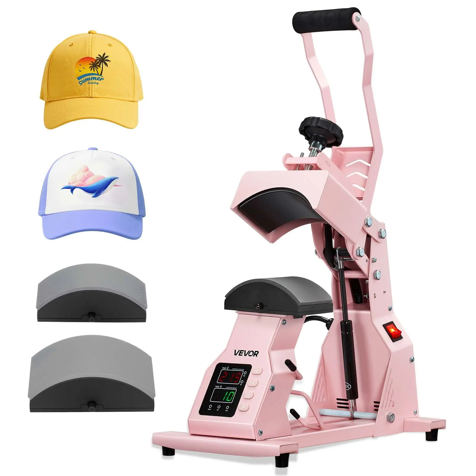 VEVOR Hat Heat Press Machine with 2 Interchangeable Platens Set, Precise Temperature & Time Control, HTV Printing Tool for Caps/Headbands, Sublimation Projects, Pink