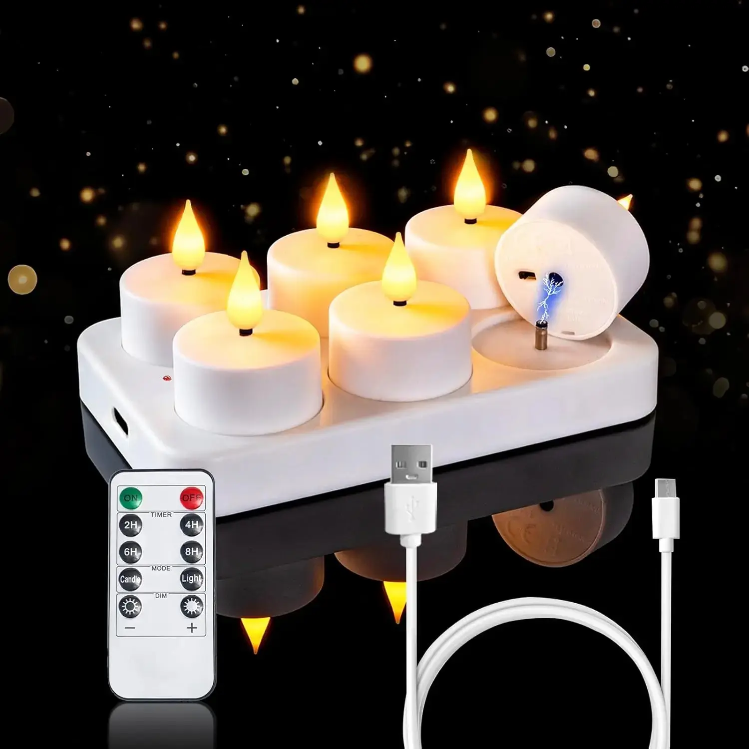 6/12-Pack Rechargeable Flameless LED Tea Lights, USB-C Charging Station, Remote Control & Timer, Dimmable LED Candles, Realistic Flicker, Wedding Table Centerpiece, Christmas & Home Outdoor Decor