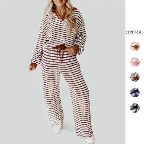 Imily Bela Women's Comfortable Striped Two-Piece Loungewear Set – Loose V-Neck Pullover and Drawstring Wide-Leg Pants; Stylish Autumn Outfit