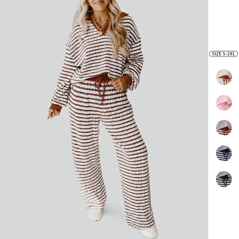Imily Bela Women's Comfortable Striped Two-Piece Loungewear Set – Loose V-Neck Pullover and Drawstring Wide-Leg Pants; Stylish Autumn Outfit