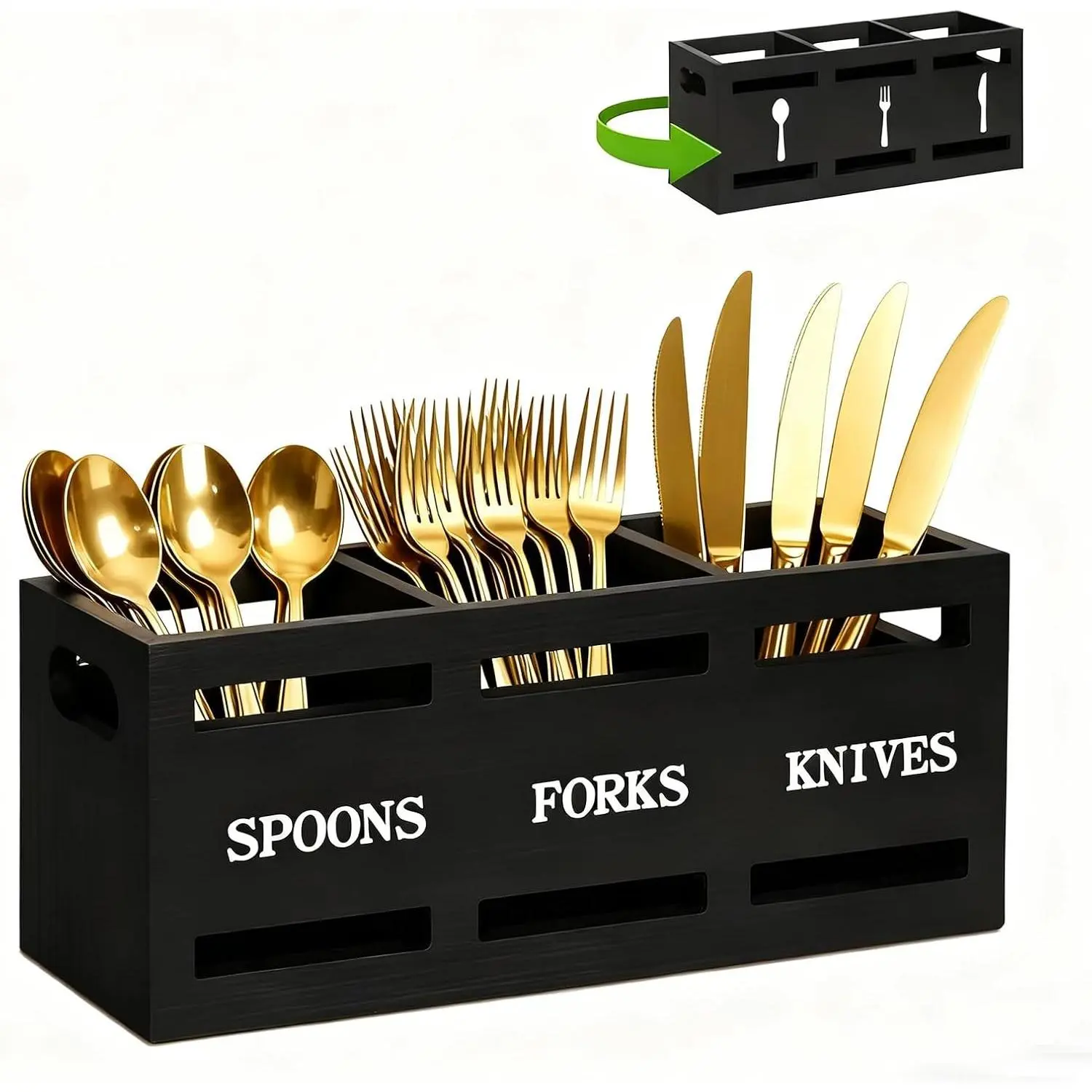 Kitchen Utensil Holder Wooden Cutlery Holder Black Silverware Utensil Caddy Cutlery Organizer 3 Compartment Silverware Containers for Kitchen Counter Spoons Forks Knives Tools Storage