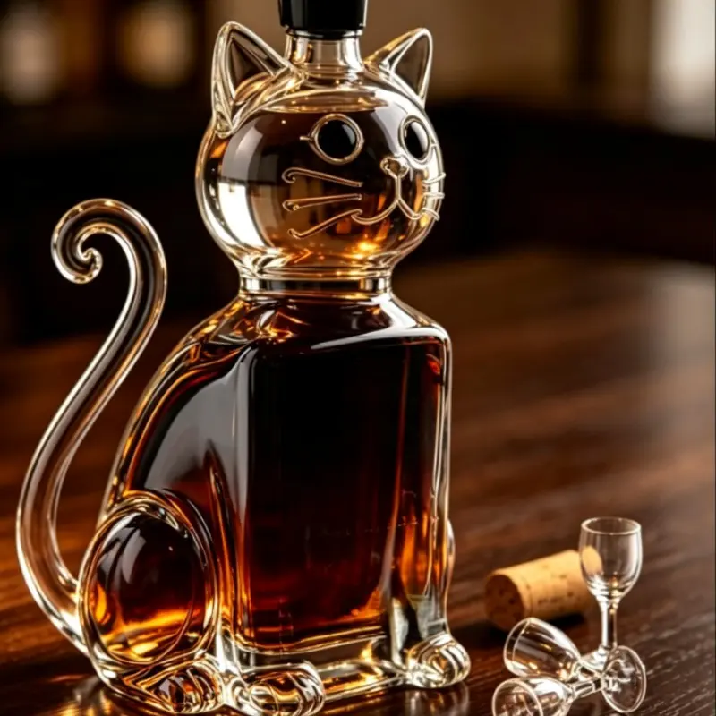 Cute Sitting Cat Shaped Glass Whiskey Decanter, Novelty Kitten Figurine, Clear Glass Wine Container, Home Bar Decor Ornament