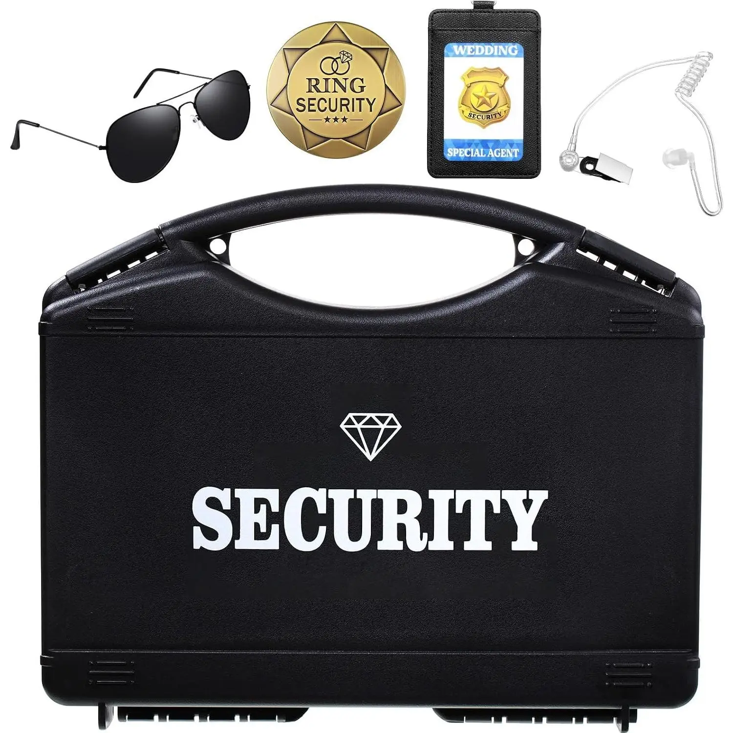 Wedding Ring Security Box Carrier Case with Earpiece, Earplugs, Headset, Sunglasses, and Metal Ring Badge ID Card HolderGift