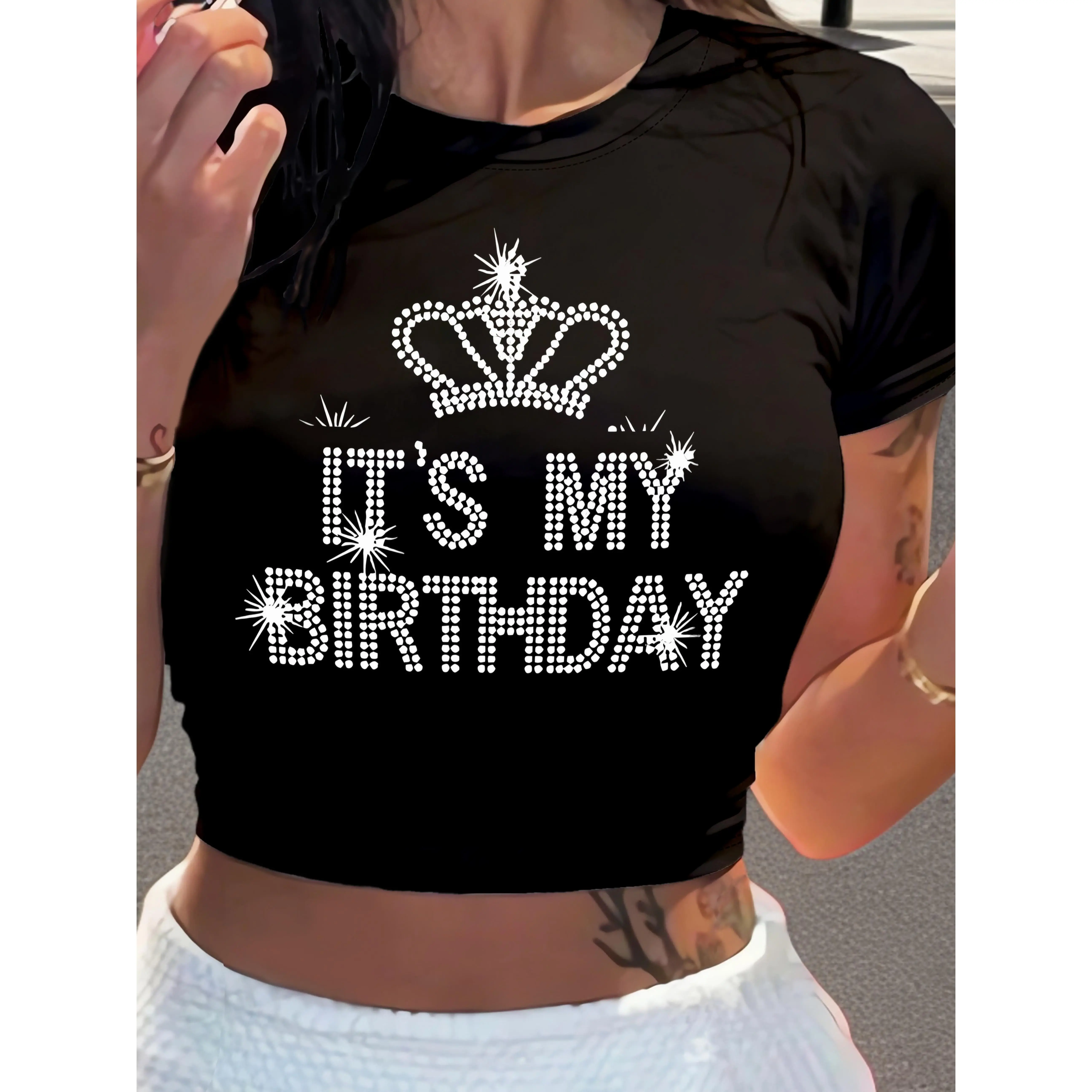 Women's "It's My Birthday" Heart Graphic T-shirt, Casual Shortsleeve Crop Top in Medium Stretch Polyester Fabric, Tshirt, Birthday Prints Women's T-Shirts