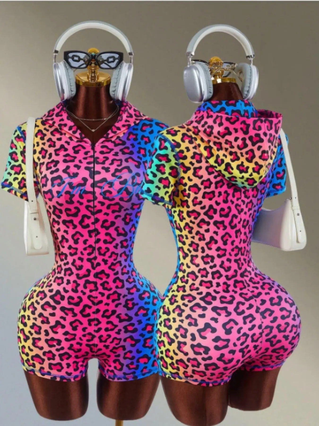 European and American Casual Sports Set, Leopard Print Elastic Hooded Colorful Onesie, Trendy and Comfortable Activewear