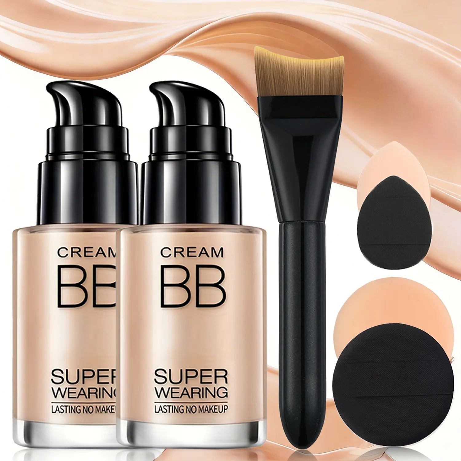 A 5-in-1 set Full Coverage Liquid Foundation Kit, Moisturizing Formula BB Cream Foundation Makeup Set with Foundation Brush and Makeup Sponge, Suitable for Dates, Travel, Halloween, and Daily Makeup, Easy to Use, Suitable for all Skin Tones