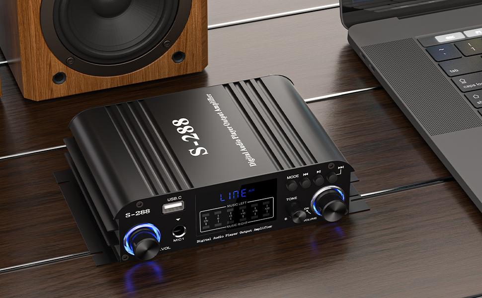 S-288 4 CH Bluetooth 5.0 Home Audio Amplifier, RMS 45Wx4, Max 600W HiFi Stereo Power Amplifier USB, SD, FM Class D Speaker Amp for Home Theater Karaoke, with Power Adapter & Rete Control
