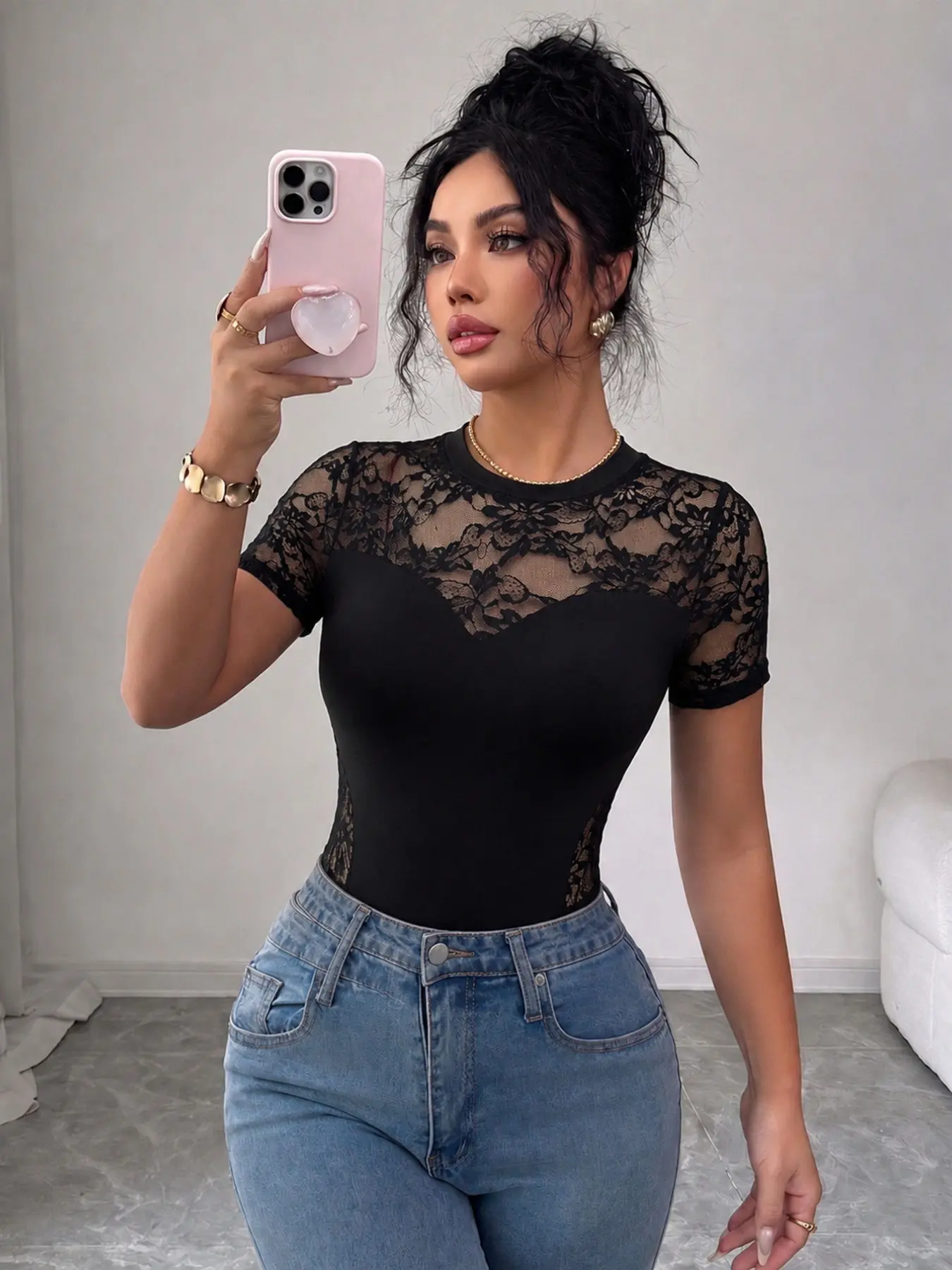 All Season Short Sleeve Bodysuit, Crew Neck Garment With Floral Lace Splicing On Shoulder And Side Waist, Slim Fit For Daily Shopping City Casual Outfits For Young Adult Women