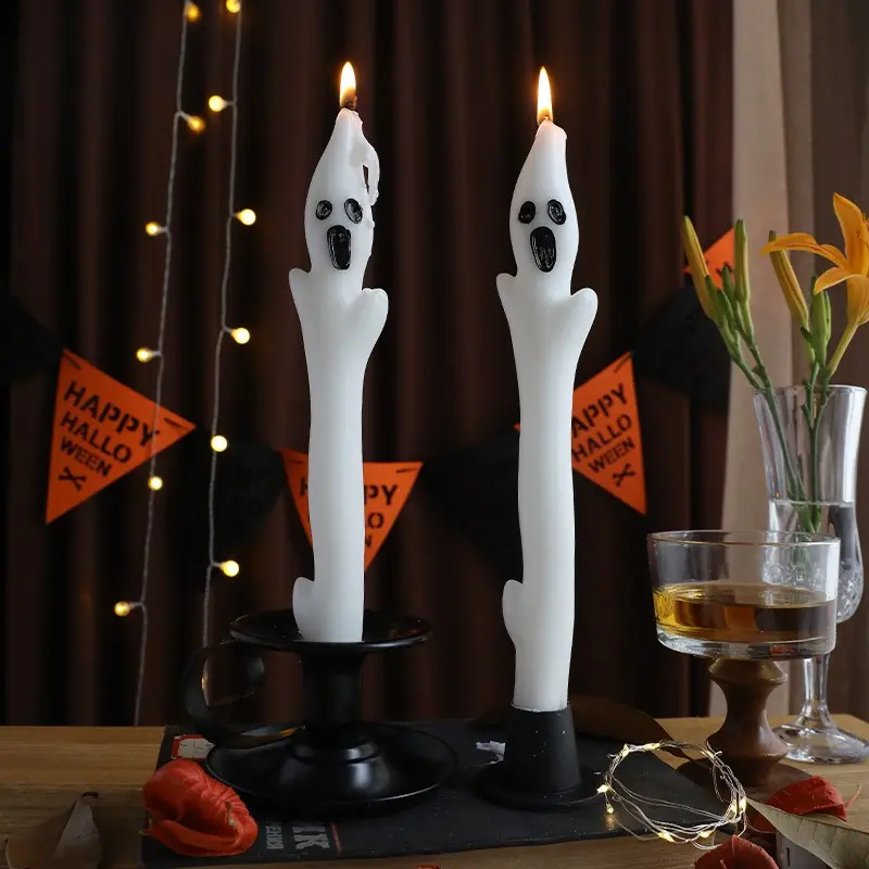 1pc/2pcs Halloween Spooky Ghost Taper Candles, Handmade White Ghost Stick Candles, Gothic Table Ornaments, Atmosphere Decor Gifts for Halloween Party & Home Holiday