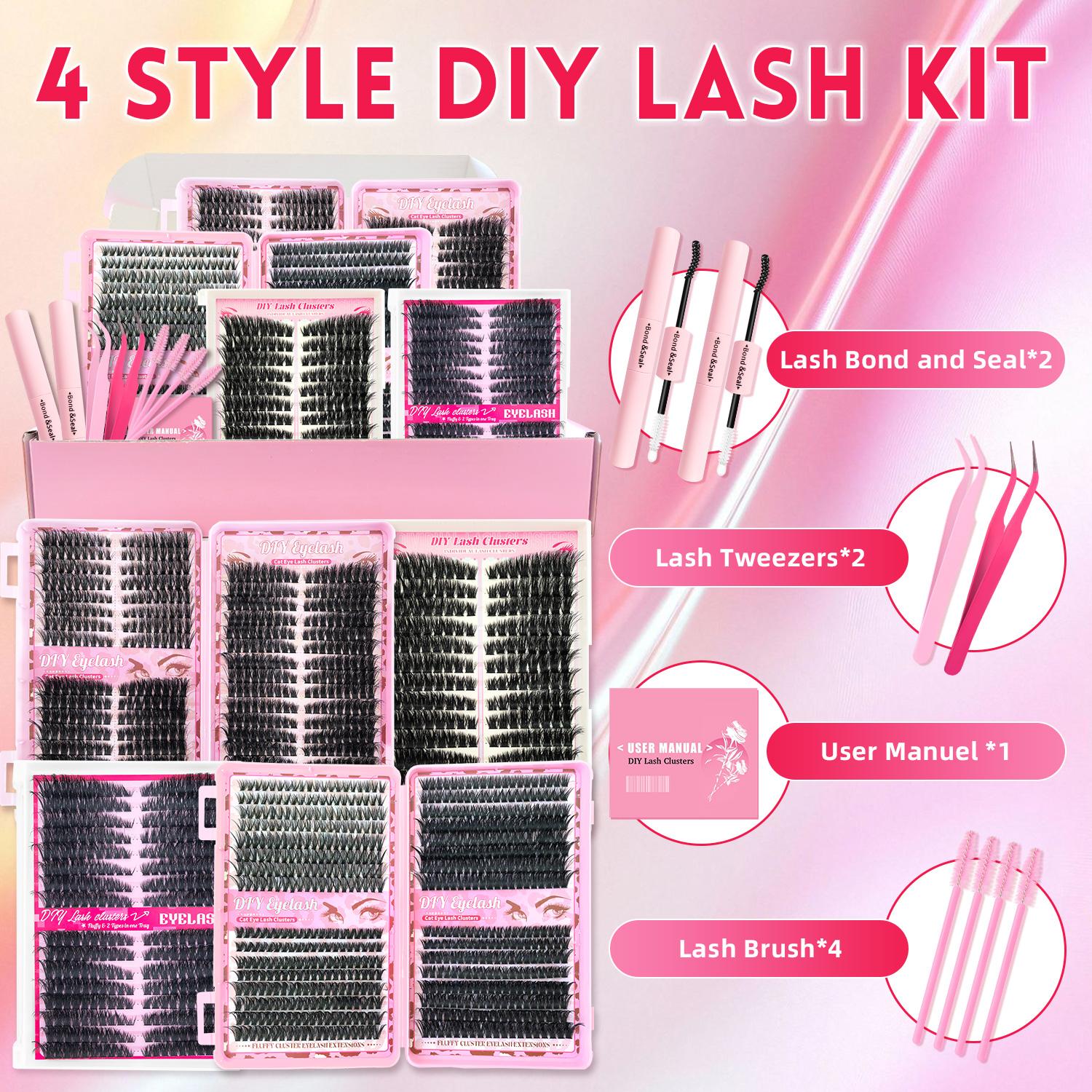 Eyelash Extensions Kit, 1 Set Mixed Length Diy Eyelash Kit, Style False Eyelashes with Tweezers & Eyelash Bond Glue & Remover Eyelash Enhancing Tool, Professional Eye Enhancement Tools, Cosmetic, Makeup, Lash Clusters, Baby Pink Comprehensive Kit