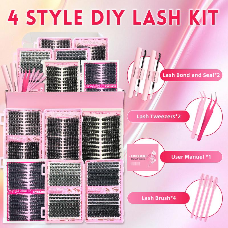 Eyelash Extensions Kit, 1 Set Mixed Length Diy Eyelash Kit, Style False Eyelashes with Tweezers & Eyelash Bond Glue & Remover Eyelash Enhancing Tool, Professional Eye Enhancement Tools, Cosmetic, Makeup, Lash Clusters, Baby Pink Comprehensive Kit