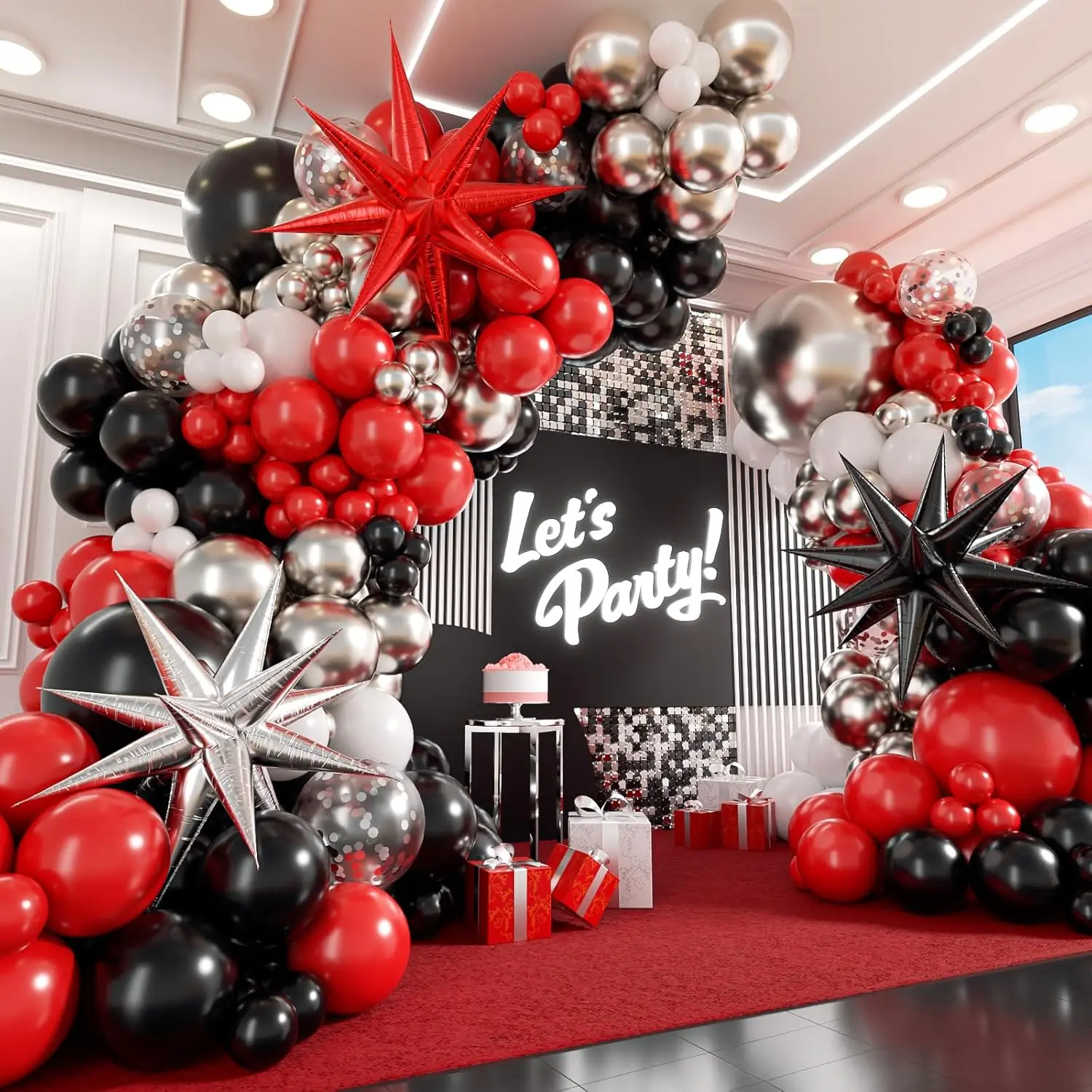 Red White and Black Balloon Garland Arch Kit, Red and Black Party Decorations with white Silver Balloons Confetti Latex Balloons for Graduation Decorations Prom Anniversary Birthday Party Decoration