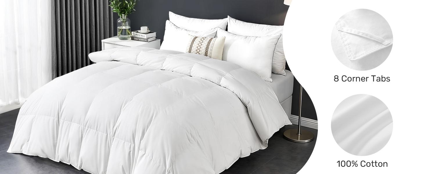 Goose Feather Comforter Queen Size, 100% Cotton Duvet Insert All Season, White Bed Comforter Quilted with 8 Corner Tabs Hotel Luxury Duvet Insert, 90 x 90 Inch, Machine Washable