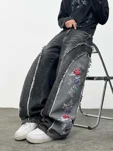 Men's Vintage Washed Denim Jeans, Patchwork Floral Embroidery Wide Leg Jeans, Y2K Streetwear Fashion, Loose Fit Long Trousers