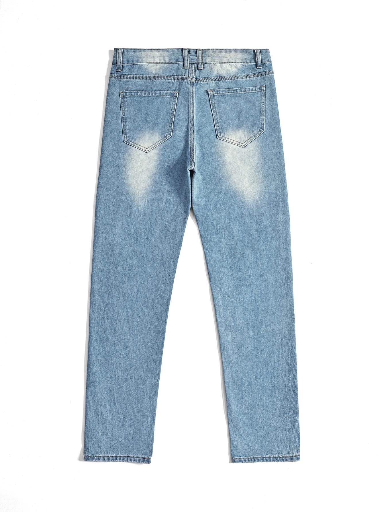 Light Blue High-Cotton Straight-Leg Jeans | Whiskering Distressed Denim