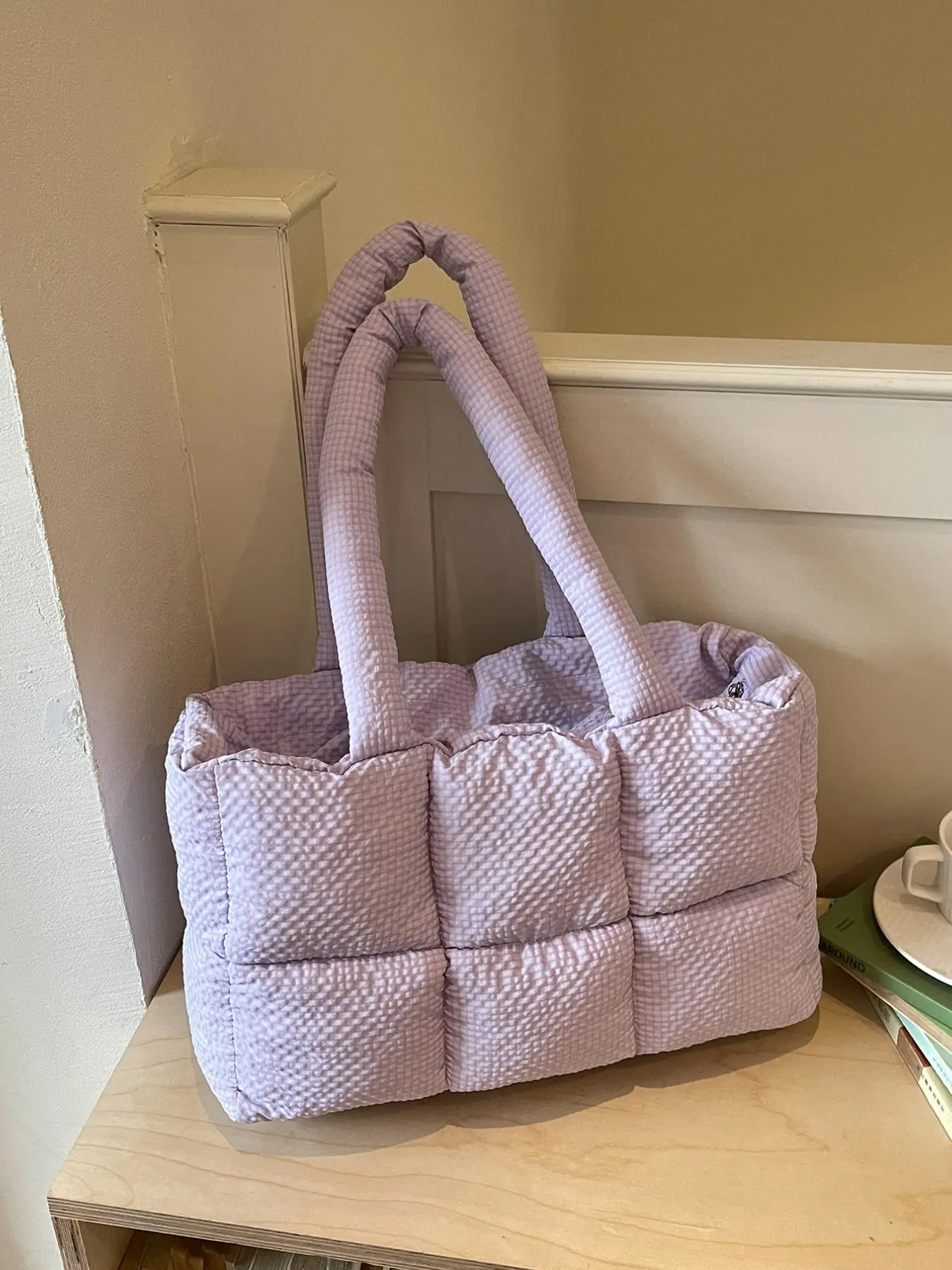 2026 New Waffle Tote Bag, Puff Cotton Handbag, Grid Down Cotton Shoulder Bag, Simple Solid Commute Bag, Textured Cotton Bag, Large Capacity Work Bag, Gentle Style Women's Bag