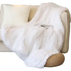 Decorative Soft Faux Fur Throw Blanket 50" x 60",Reversible Fuzzy Long Hair Shaggy Blanket,Cozy Plush Fleece Comfy Microfiber Fur Blanket for Couch Sofa Bed,Pure White