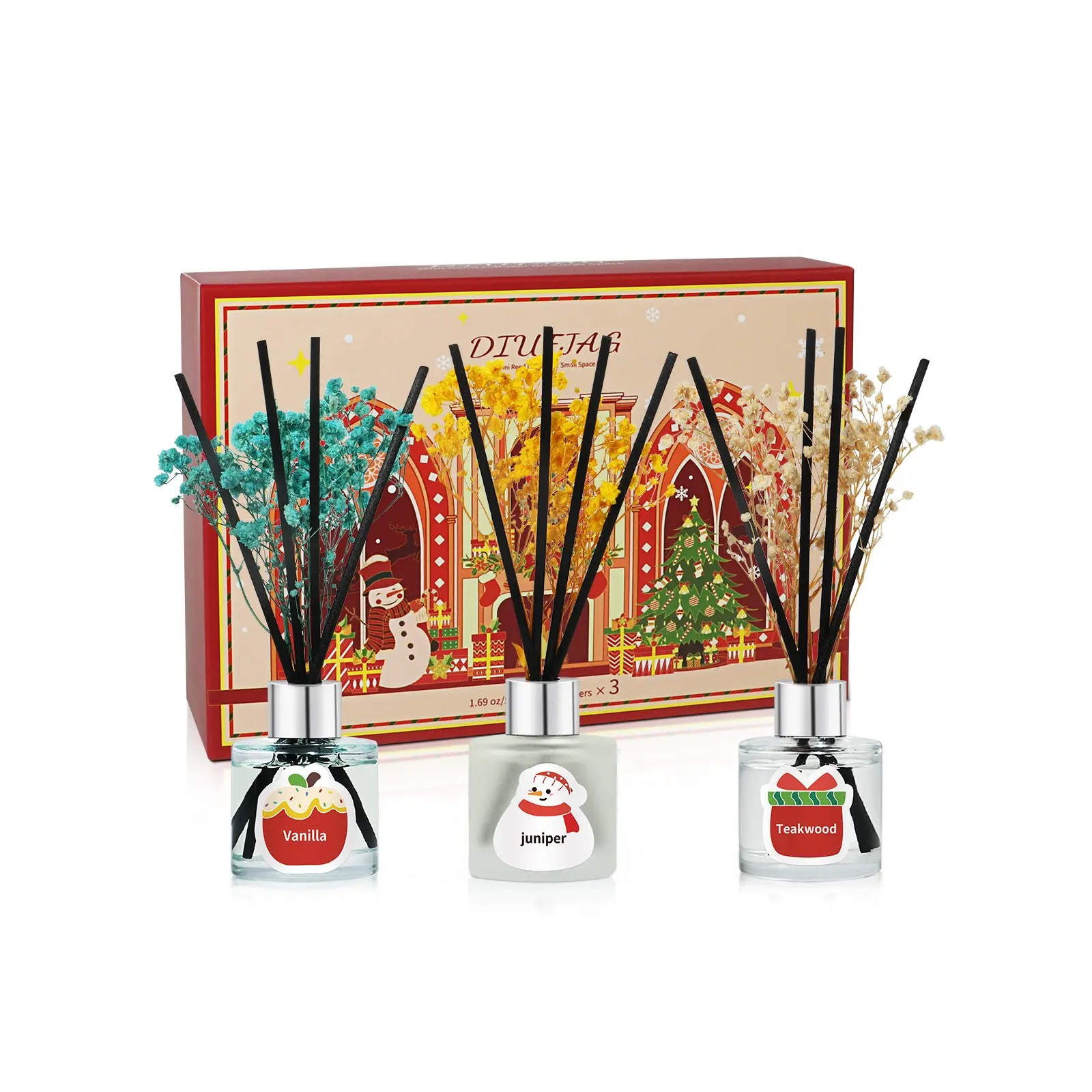 Three-Piece 50ML Christmas Reed Diffuser Set, Cartoon Atmosphere Scented Gift Box, Odor Eliminator for Living Room, Holiday Present