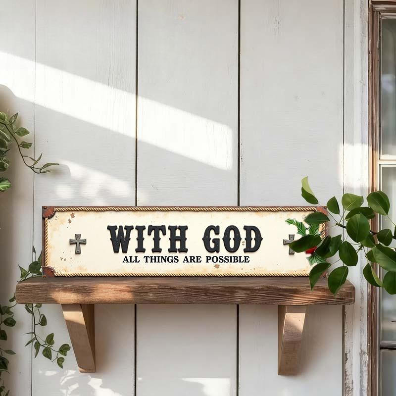 Rustic Metal Sign "with God All Things Are Possible" - 4x16 Inch Farmhouse Christian Wall Art, Vintage  Iron Scripture Plaque for /Outdoor, Porch, Garden, Church - Inspirational Verse Decor & Housewarming Gift,