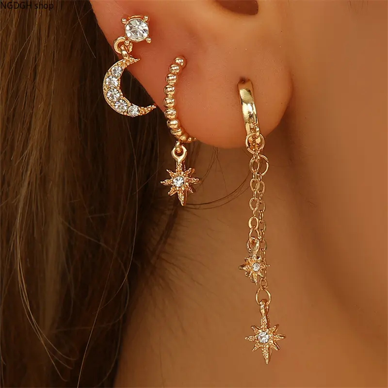Celestial Moon Star Dangle Hoop Earrings for Women, Gold Tone with Rhinestone Chain, Trendy Boho Party and Festival Accessory, Rhinestones