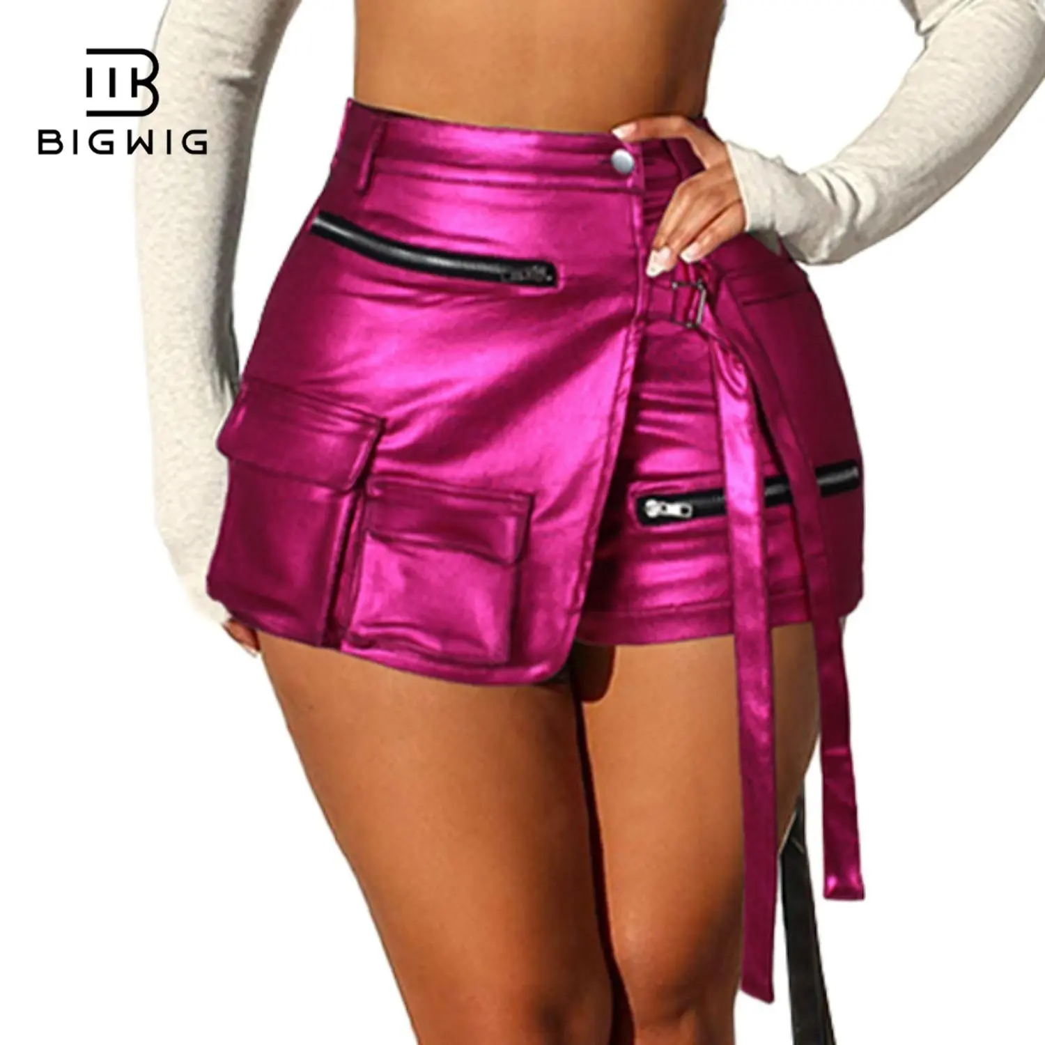 Women Leather Shorts Metallic High Waisted Cargo Skort Sexy Rave Asymmetrical Skirt Skorts casual and sexy style faux leather skirt shorts suitable for clubs, rave, party, music festivals