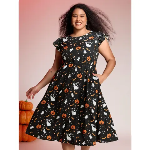 BloomChic Pumpkin Printed Ruffle Sleeves Midi Dress 【M-6XL】